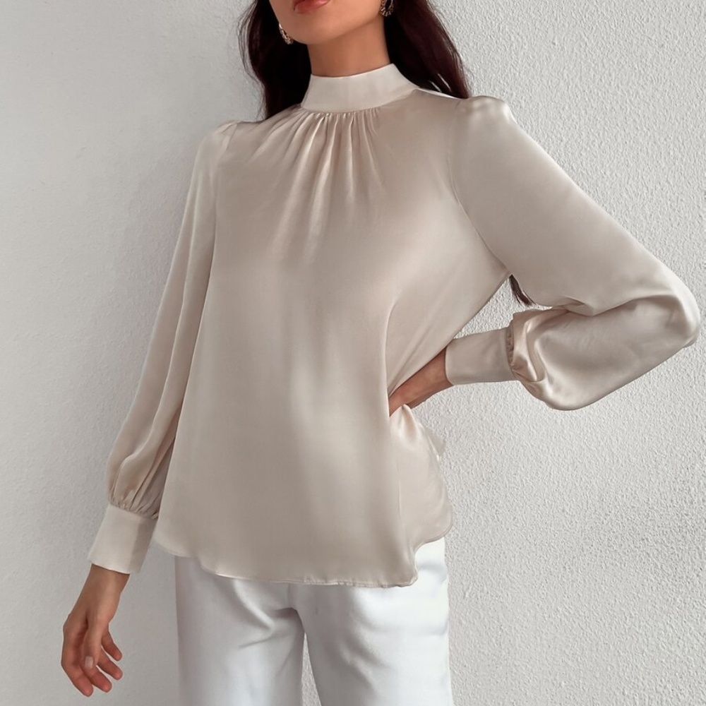 Classic High Neck pleated Satin long sleeve Top - Picture 8 of 11